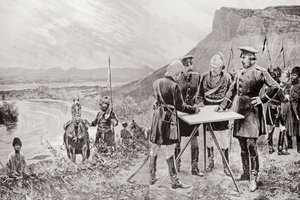 La Commission de la frontière afghane : Les commissaires russes et britanniques à Zulfikar, fixant le site du premier poste frontière, 12 novembre, gravé par R. Taylor, de 